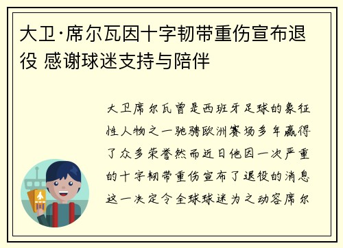 大卫·席尔瓦因十字韧带重伤宣布退役 感谢球迷支持与陪伴 大卫·席尔瓦因十字韧带重伤宣布退役 感谢球迷支持与陪伴